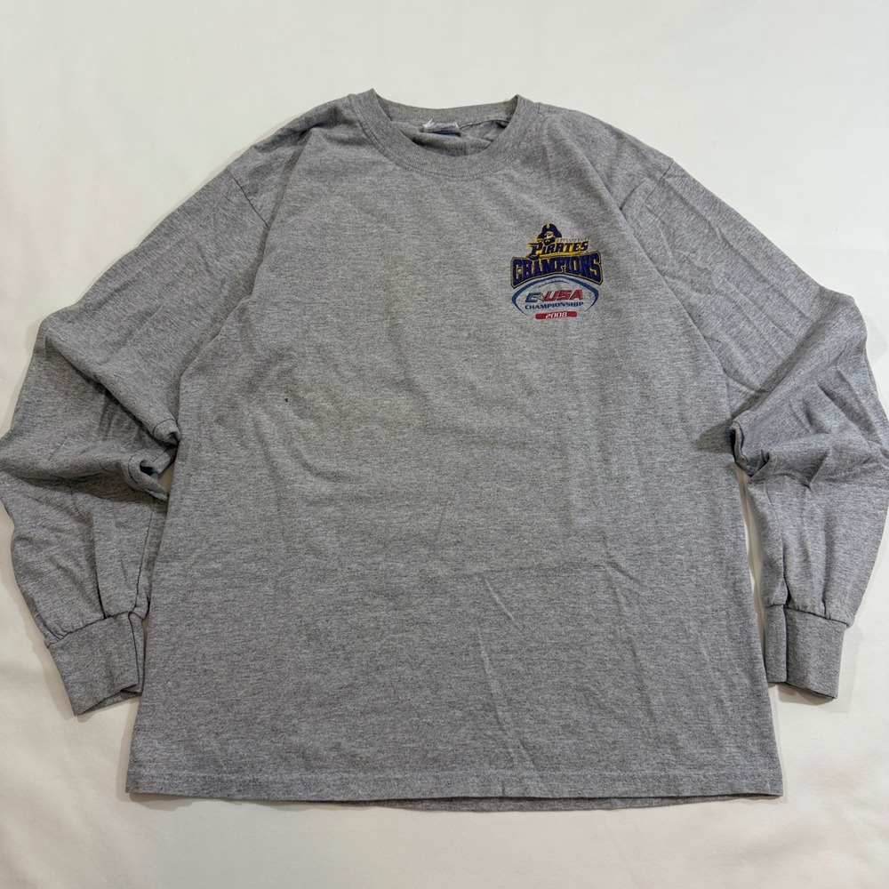 Gildan ECU Pirates T-Shirt Men Medium Grey 2008 C-USA Champions Long Sleeve